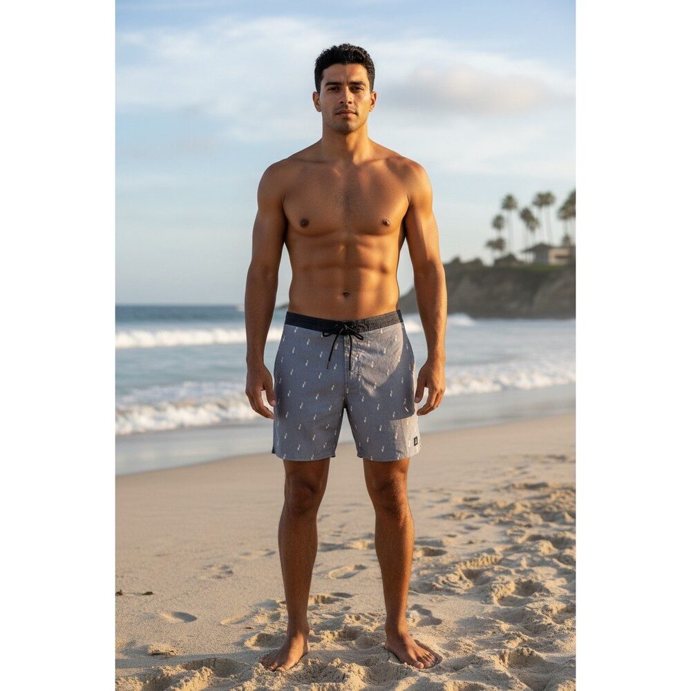Roark Gray Print Hybrid Board Shorts Cotton Stretch Drawstring Men 38